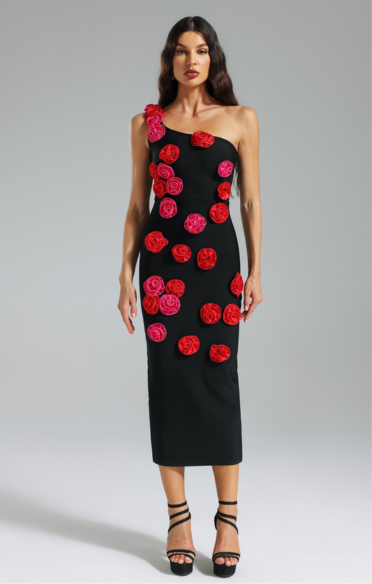Women’s Flower One Shoulder Midi Dress-Black