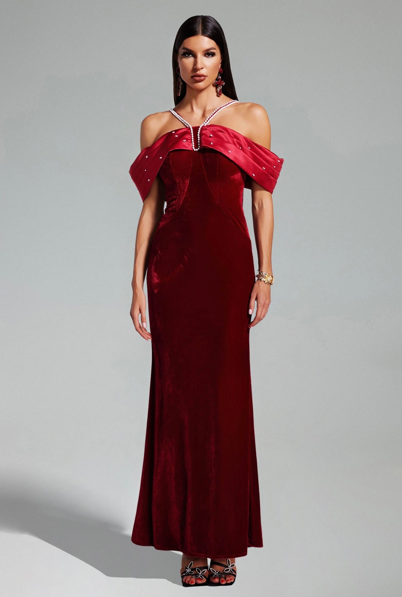 bali painterly paisley velvet maxi dress Bali Off Shoulder Velvet Maxi Dress