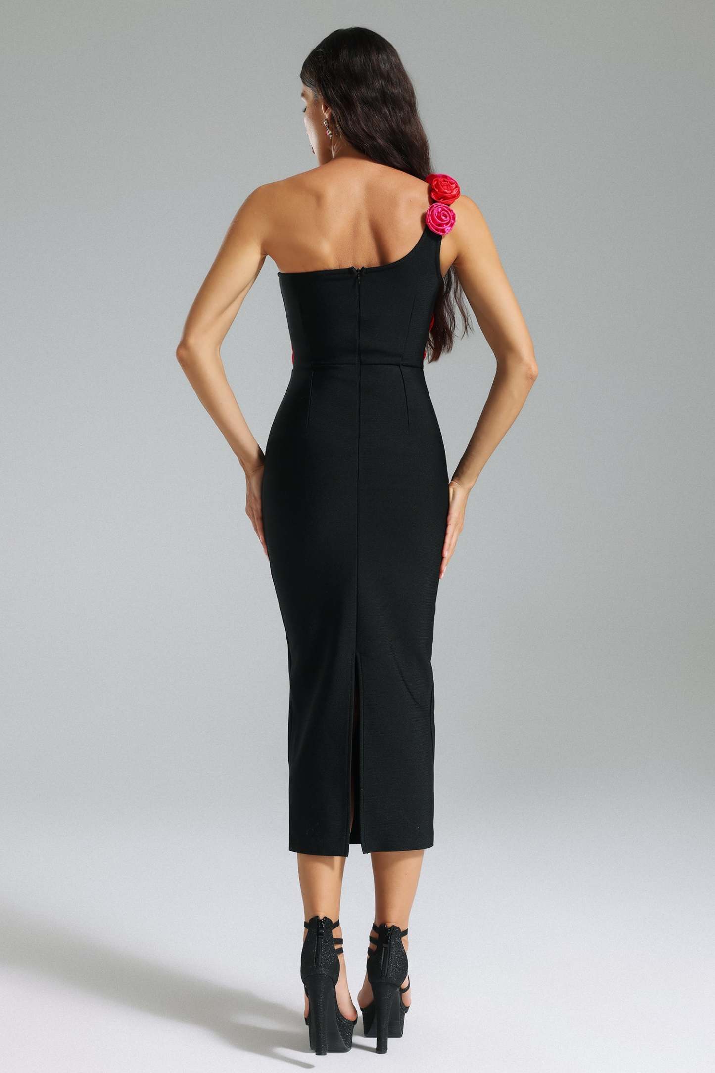 Women’s Flower One Shoulder Midi Dress-Black