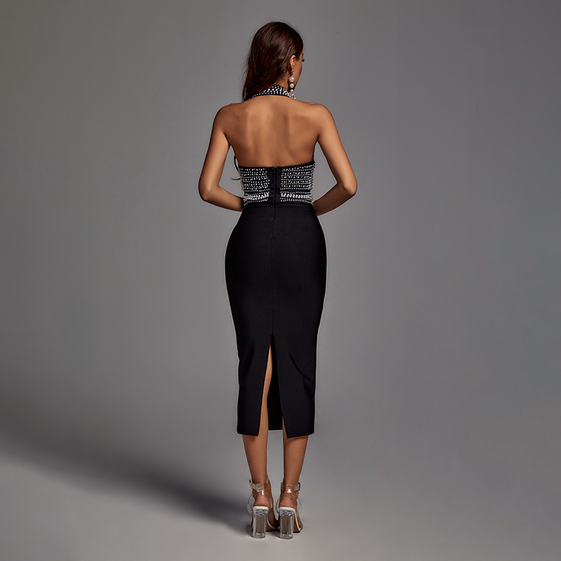 Pearl Halter Bandage Dress - Black