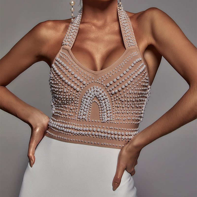 Pearl Halter Bandage Dress - White