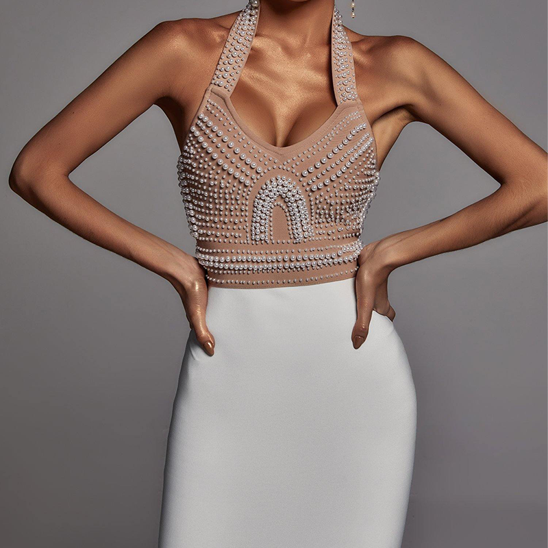 Pearl Halter Bandage Dress - White
